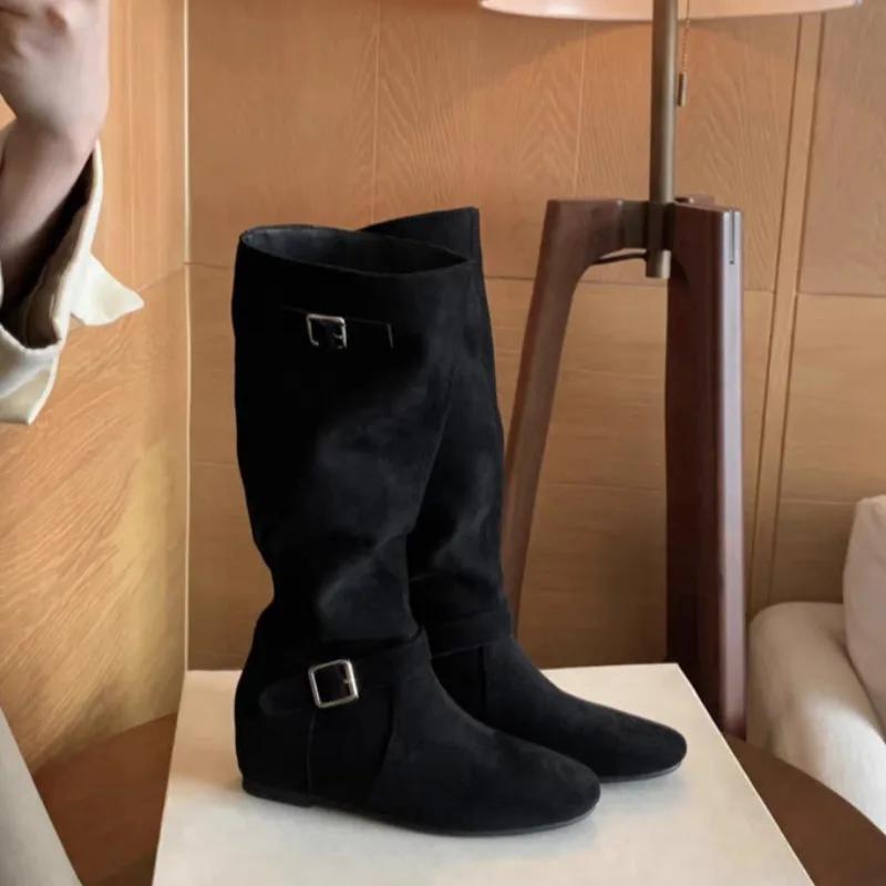 Women Mid-calf Boots High Quality Suede Casual Boot Temperament Belt Buckle Design Pants Leg Boot Non Slip Flat Boot Botas Mujer