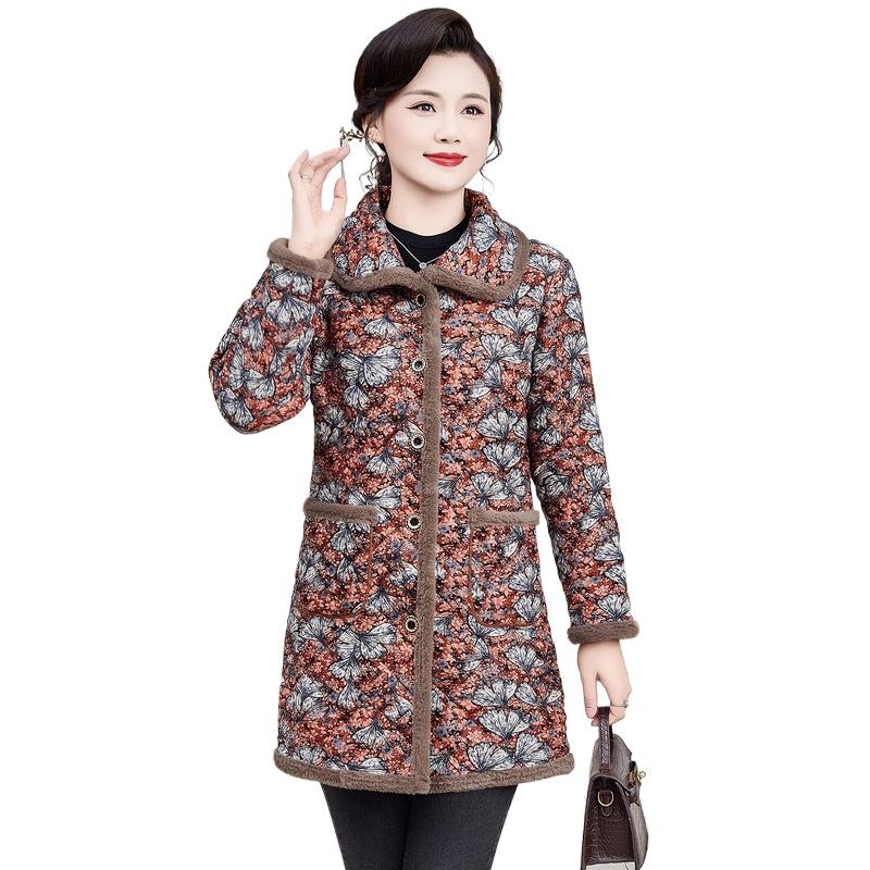 Women's Winter Clothing New Middle Aged and Elderly Cotton Jacket with Velvet and Cotton Warmth Top Coat Medium Length Cotton Jacket