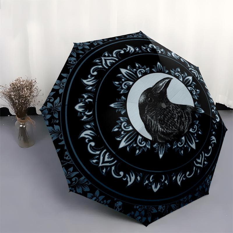 Elegantes Rabenporträt mit floralem Mandala-Design Untersetzer-Set Regenschirm, Niedlicher Regenschirm mit niedlichem Design, Tragbarer 3-fach kompakter Regenschirm für Männer & Frauen