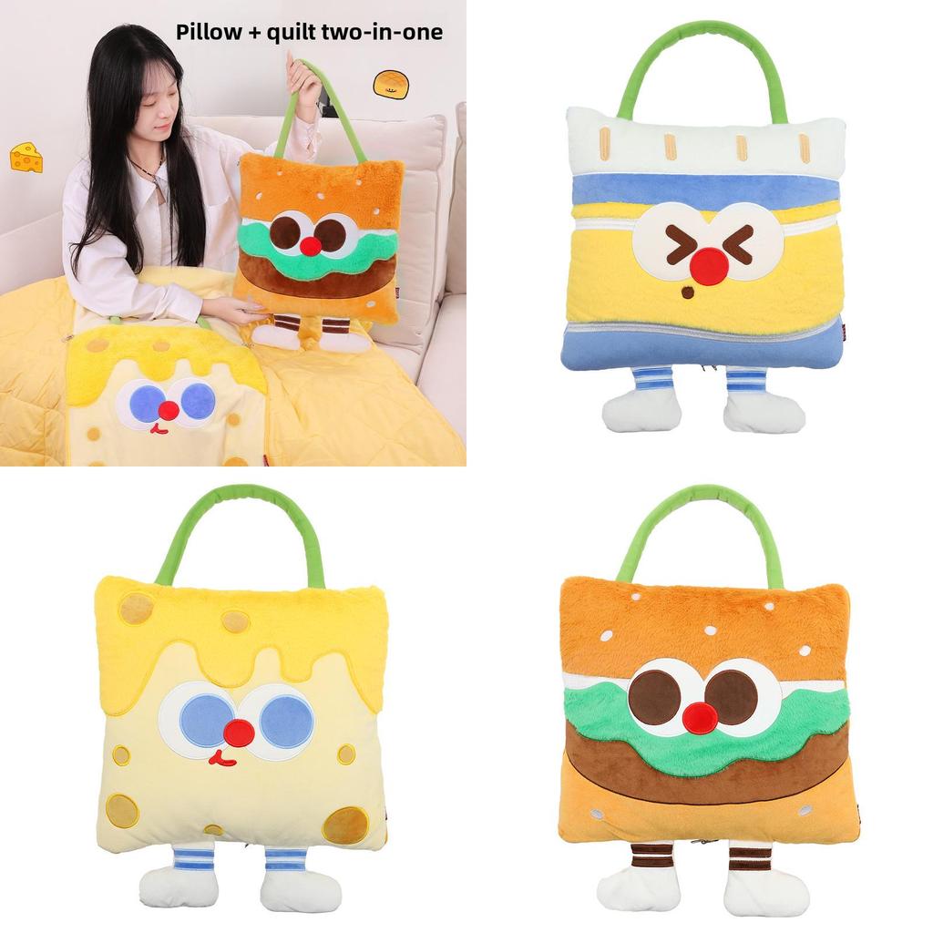 Cartoon Hamburger Embroidered Pillow Blanket With Plush Cover For Kids And Car Travel Comfort