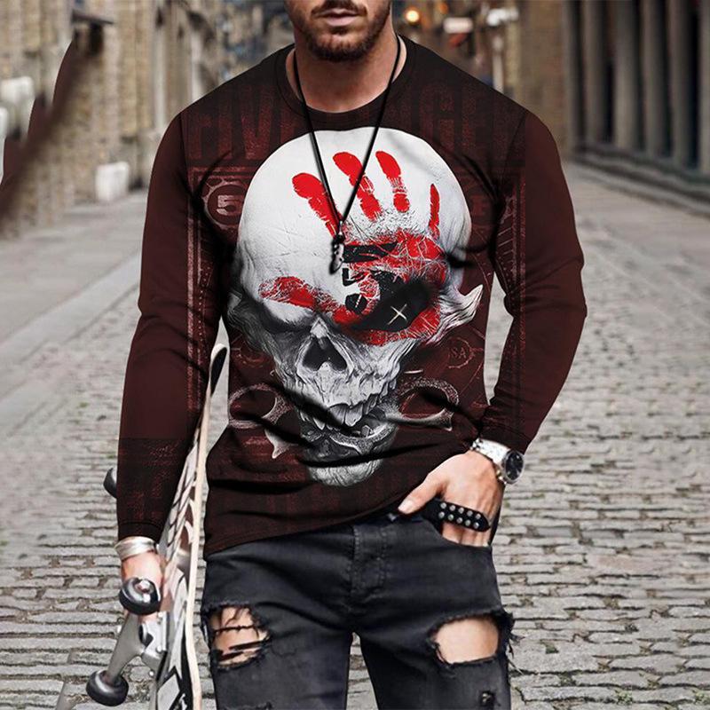 Spring and Autumn Round Neck Skull 3D Printed Top Fashionable Casual Long Sleeved Men's T-shirts