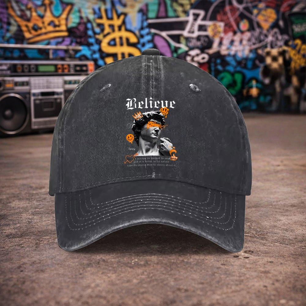 Pc Unisex David Statue Graffiti Vintage Washed Baseball Cap Unisexs Trendy Hat Versatile Duckbill Cap Fun Print A Unique