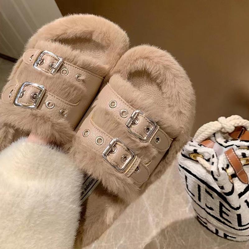 Doppelreihe ein Wort mit quadratischer Schnalle haarige äußere Hausschuhe 2025 neu dicker Boden Größe Größe Größe 313233 Baumwollschlepp Frauen Winter
