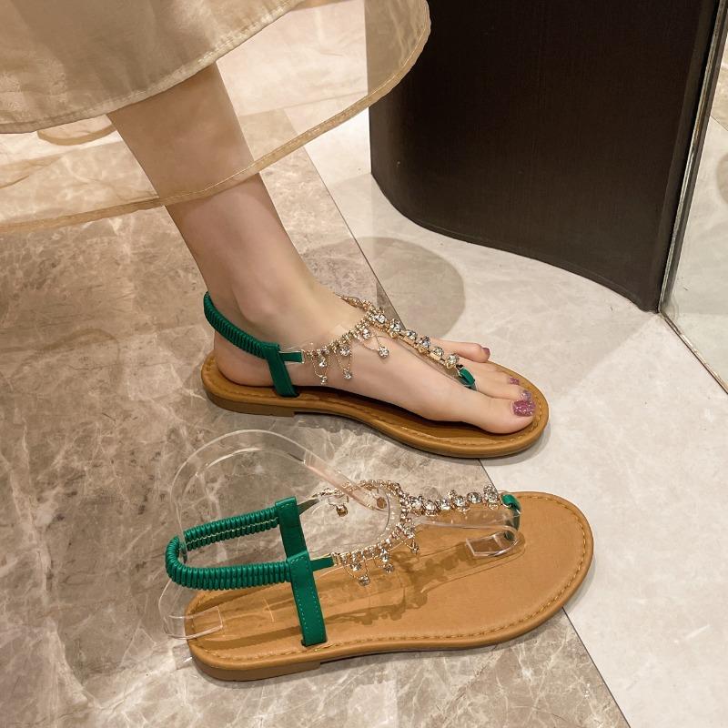 Mezzanin-Sandalen Damen neue flache Strandschuhe Strass elastisch ein Pedal große Größe