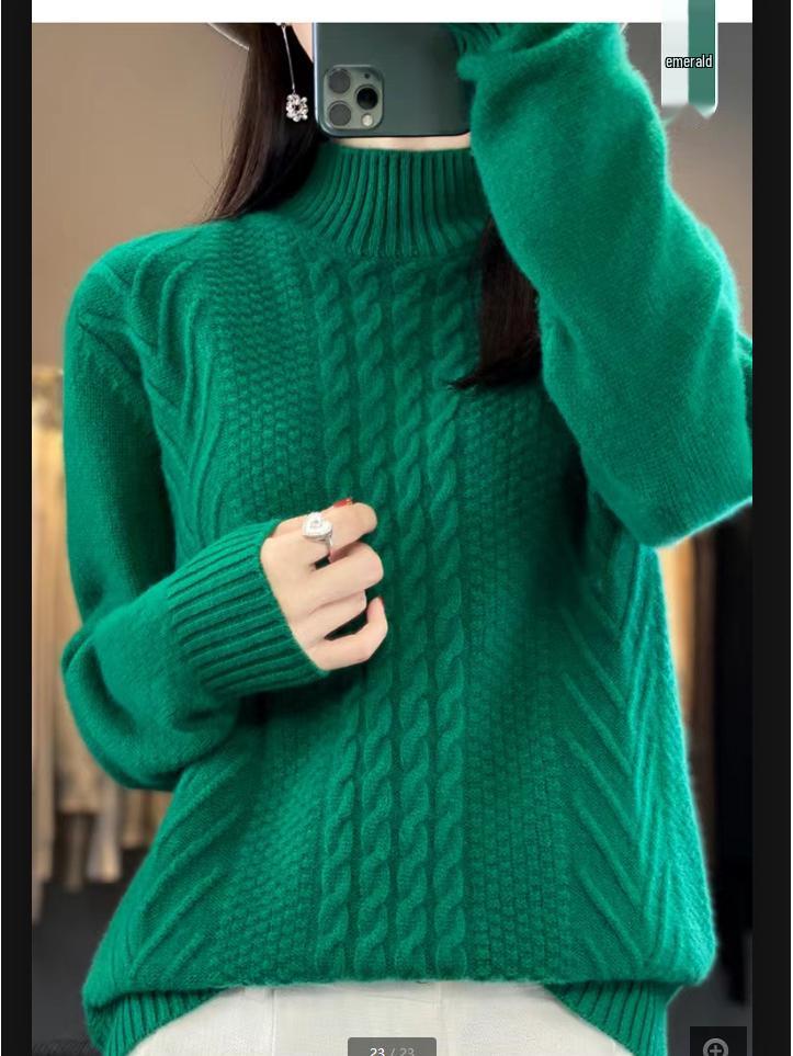 Women's Half High Neck Wool Sweater - Solid Color, Cable Knit, Cashmere Blend, Thickened Base Layer, 2023 Autumn/Winter Trendy.