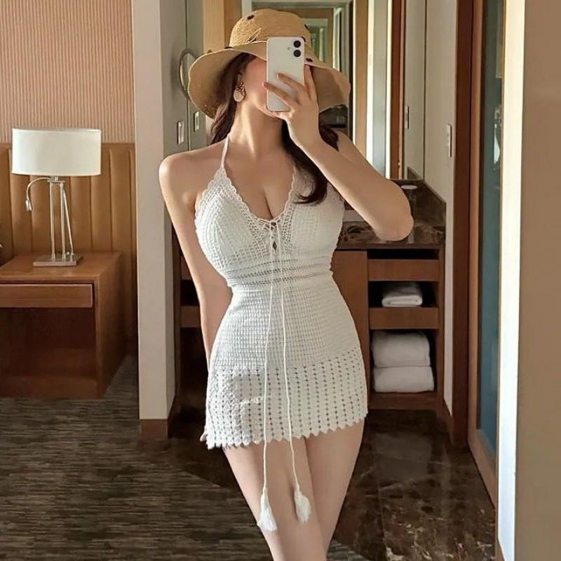 

French Pure Desire Design Knitted Neck One-piece Swimsuit Women s High-end Slightly Fat-looking Swimming Suit XL белый