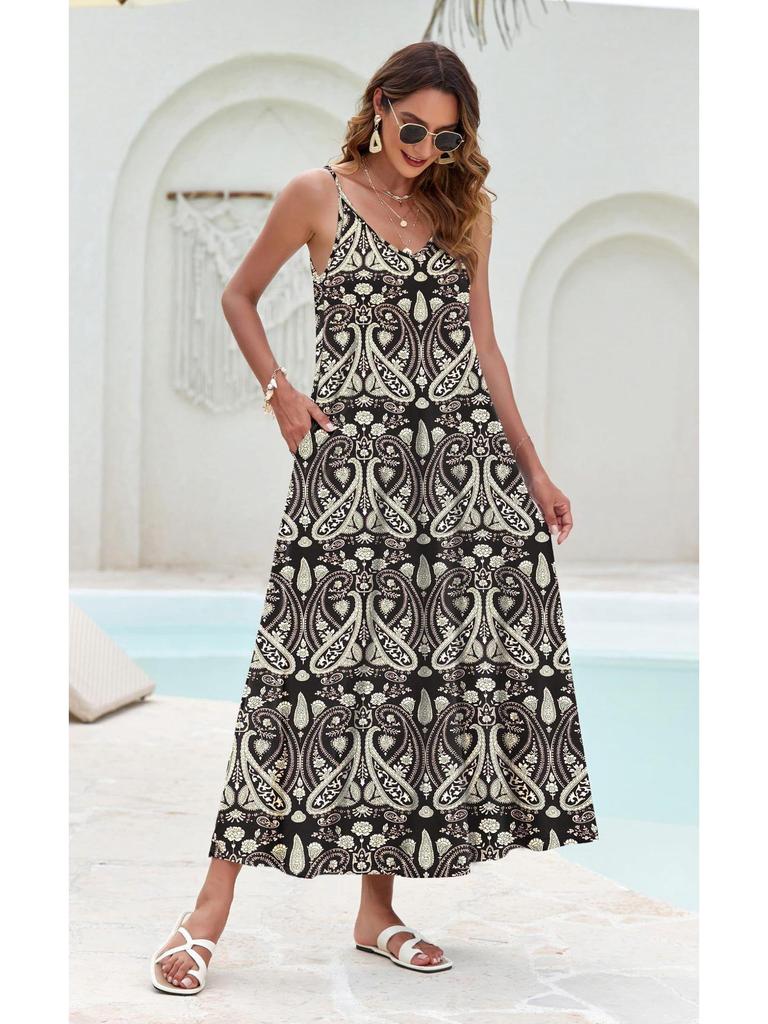 2026 Elegant European & American Spaghetti Strap Long Printed Dress with Pockets