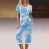 2 Stück/Set Damen Blumenprint Loungewear Set V-Ausschnitt Kurzarm T-Shirt Taschen Elastische Taille