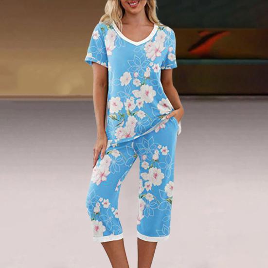 2 Stück/Set Damen Blumenprint Loungewear Set V-Ausschnitt Kurzarm T-Shirt Taschen Elastische Taille