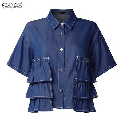 Women Turn Down Collar Summer Casual Short Sleeve Blouse