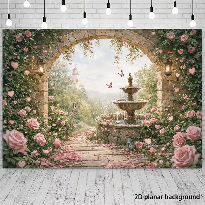 2D Romantic Rose Garden Fountain Backdrop Background Cloth