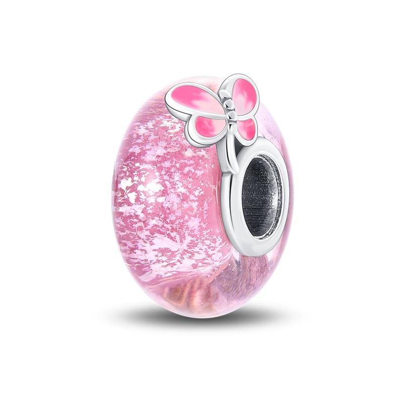 925 Silver Pink Flower Glass Charms Beads For Women Fit Bracelet DIY Birthday Party Jewelry Gifts