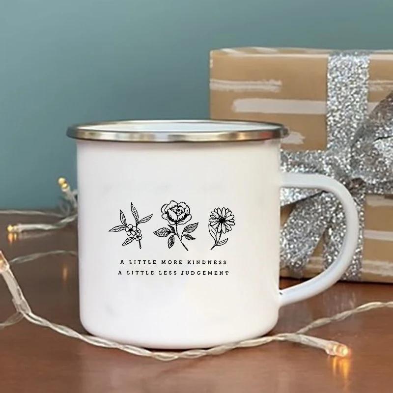 No Rain No Flower Print Enamel Mugs Creative Vintage Coffee Wine Cup Drinks Dessert Milk Cup Camping Mugs Handle Drinkware Gifts