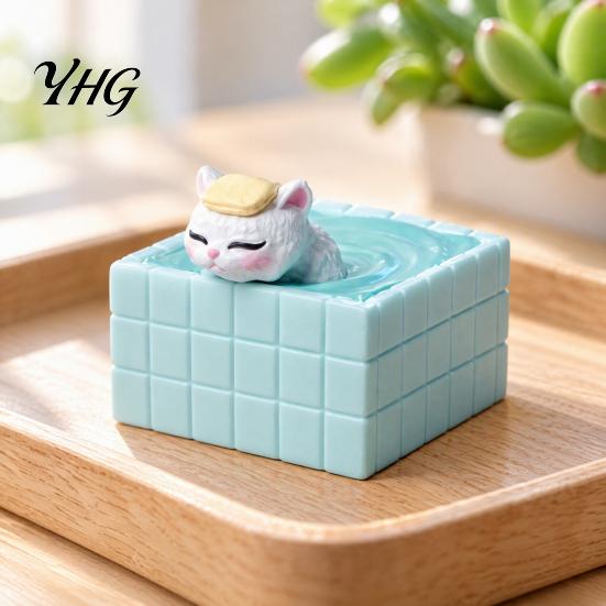 Decorative Cat in Bathtub Cute Bathing Figurine, Mini Kitten Blue Statue, Micro Landscape Charming Office Desk Decor Fairy Garden Ornament,