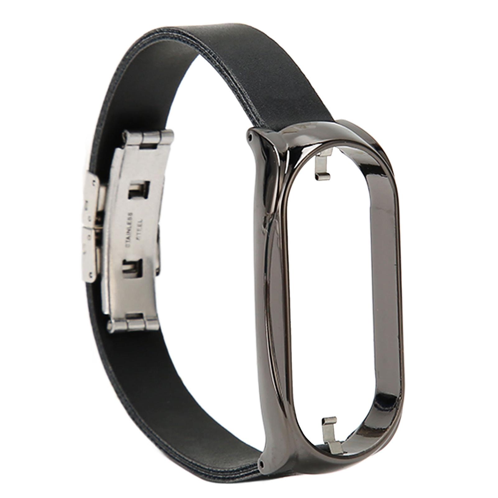 

Stainless Steel PU Leather Strap with Bumper Case Smart Watch Replacement Accessory Fit for Mi Band 7 Black and Black Black+Black