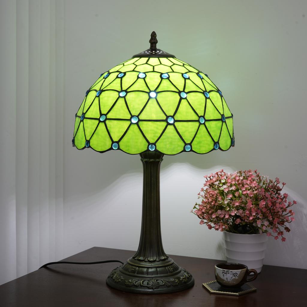 Green Christmas Table Lamp Stained Glass Bedside Table Lamp Desk Reading Light 12 Inches Bedroom Home Office Decor Lamp