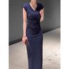 Casual Gray V-neck Sleeveless T-shirt Dress Women's  New Summer French Figure Slim Hip-wrapped Dress