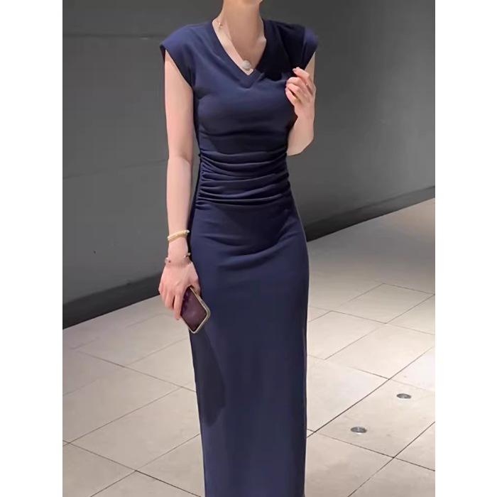 Casual Gray V-neck Sleeveless T-shirt Dress Women's New Summer French Figure Slim Hip-wrapped Dress