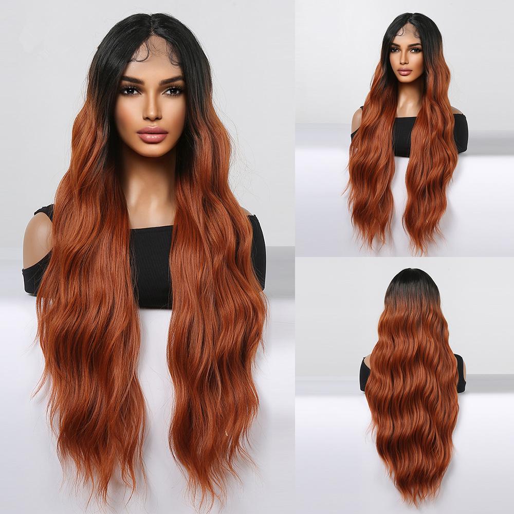 ALAN EATON Long Red Lace Front Wig Synthetic Wavy Curly Wigs for Black White Women Natural High Density Heat Resistant