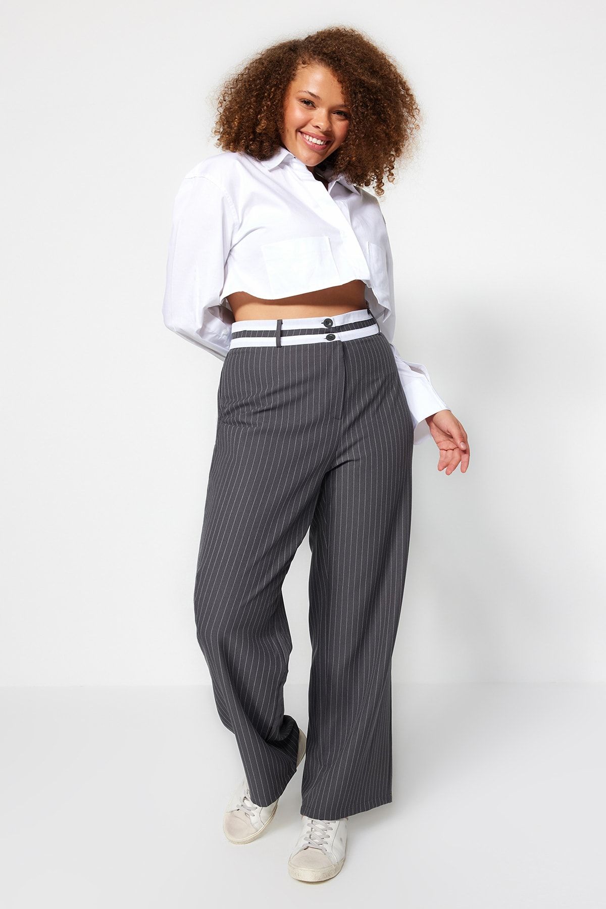 

Women s Plus Size Trousers Anthracite Striped Woven Trousers XL