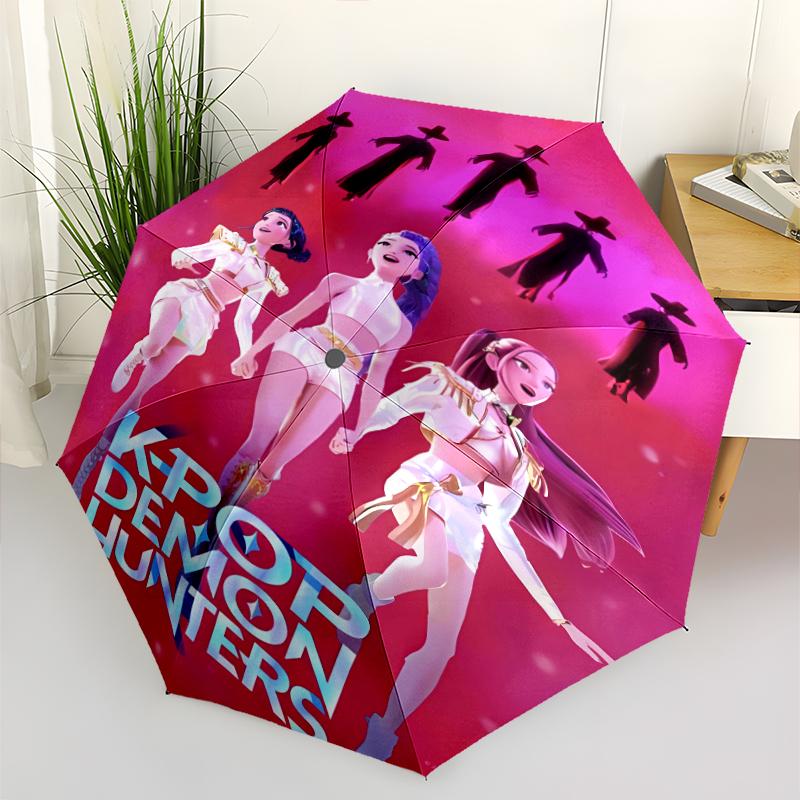 Kpop Hunter10 Print Automatic Umbrella, 8 Rib Iron Frame, Plastic Handle, Suitable for Outdoor Travel &Daily , Ideal Gift