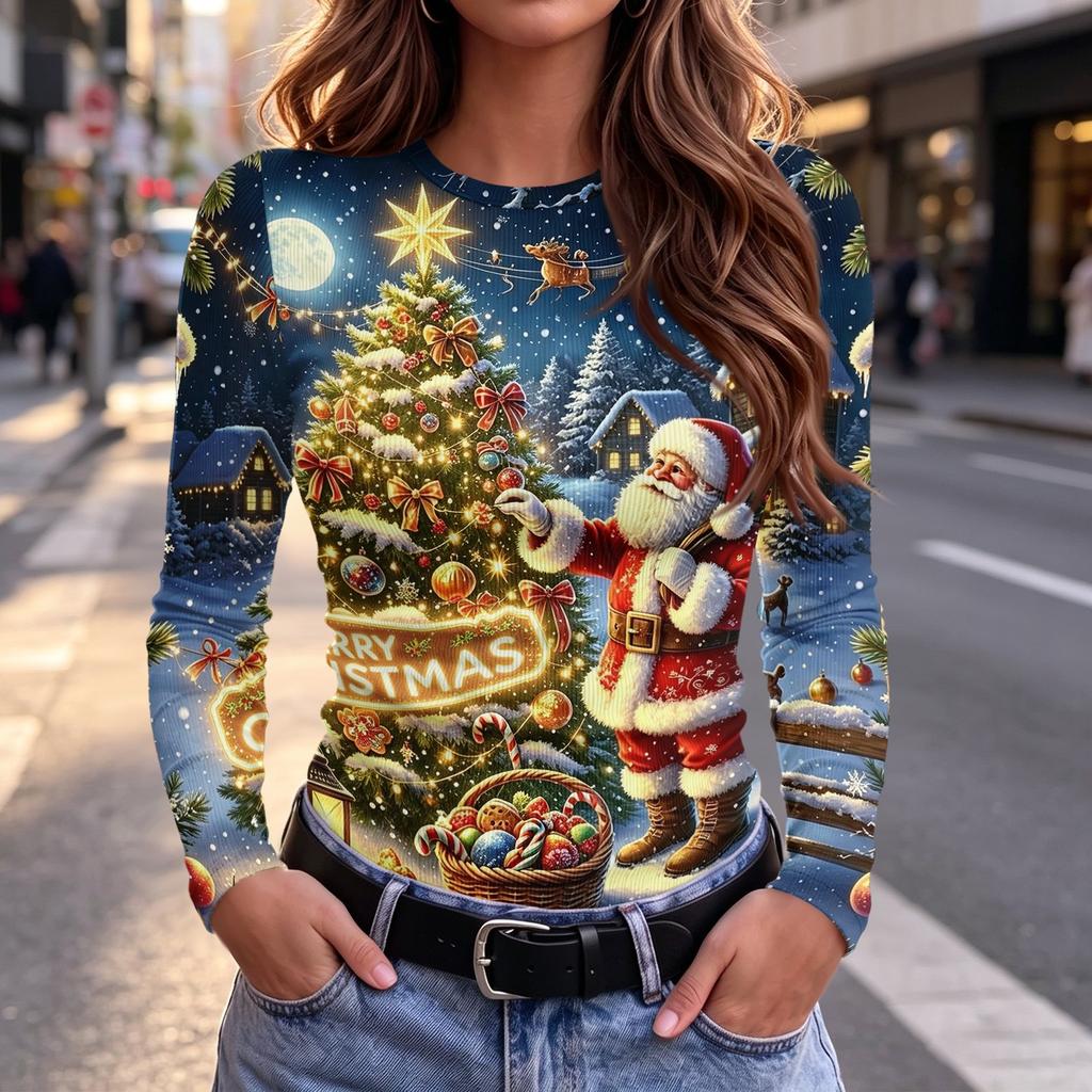 Damen Slim Fit T-Shirt mit Weihnachtsdruck, Langarm, Rundhalsausschnitt für die Feiertagsparty und Freizeitkleidung