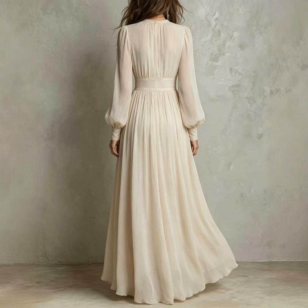 European and American new women's clothing simple solid color round neck long sleeve pleated waist dress