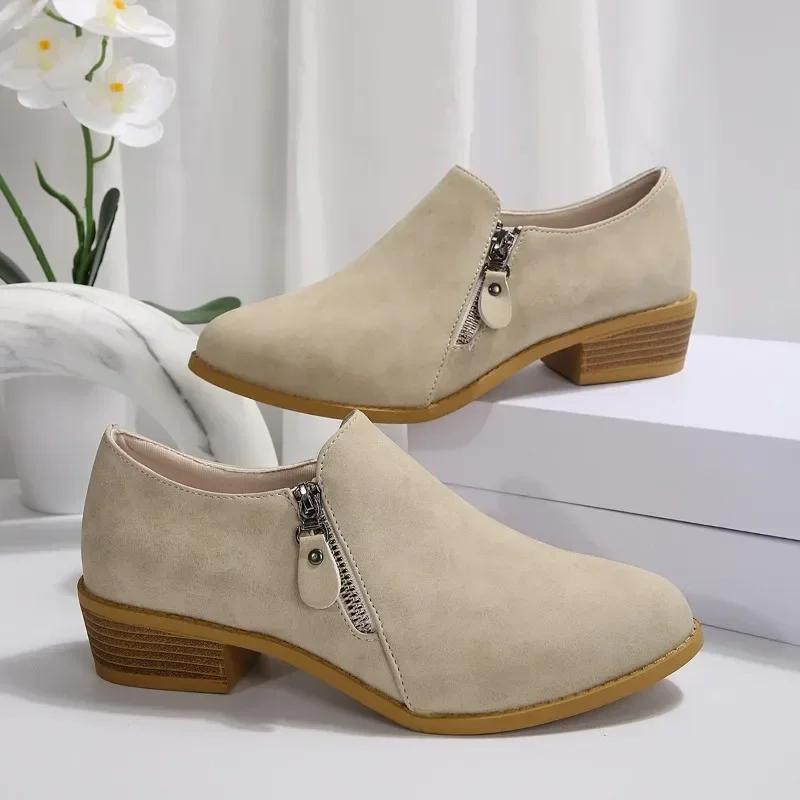 Fashion 2024 Fashionwomens Shoes Zipper Design Springandautumnnew Style Pointed Toe Solid Color Mid-heel Casual Large Size Women's Shoes