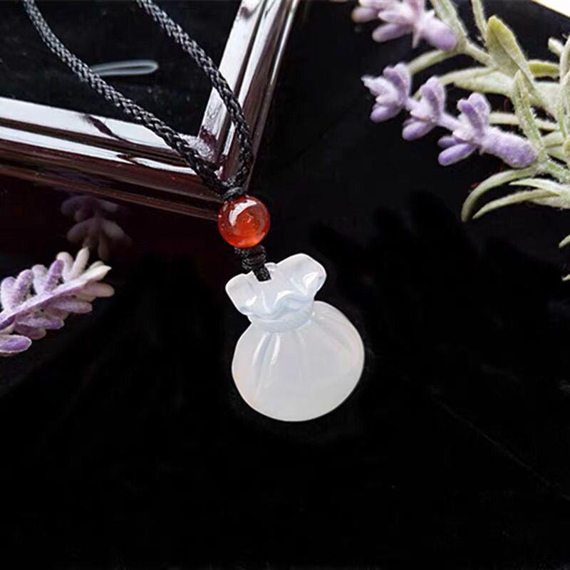 Retro Ethnic White Crystal Lucky Jade Necklace: Unisex Coin Purse Pendant for Women, Attracts Wealth & Fortune