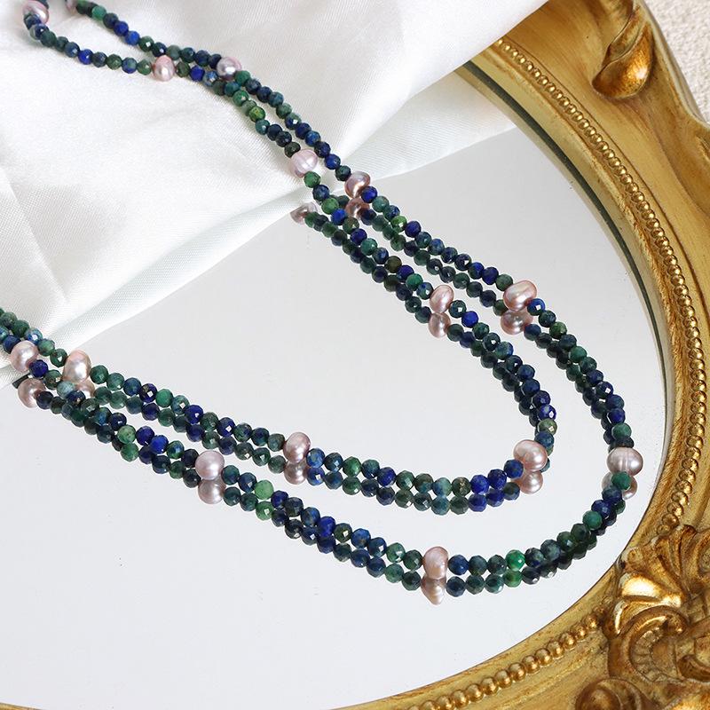 Clavicle Chain Cut Natural Lapis Lazuli Colored Freshwater Pearl Handmade Necklace Women