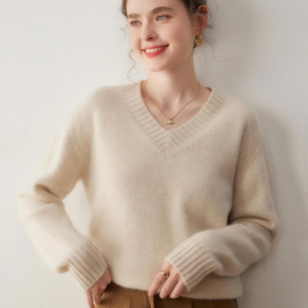 Women's Heavyweight Cashmere V-Neck Sweater - Autumn/Winter Loose Fit Pullover