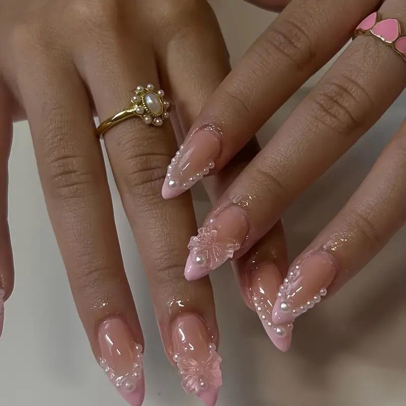 24pcs Cat Eye Short Almond Press On Nails Bow Pearl Starlight Design Wearable False Nail Tips Set