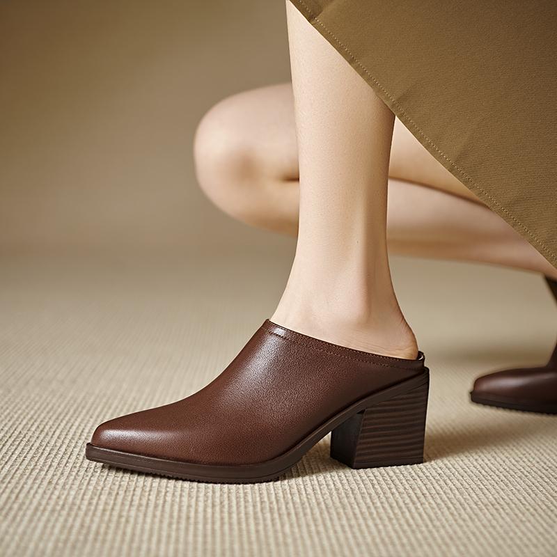 Fashion 2025 New Spring Summer Genuine Leather Mules High Heels Women Shoes Pointed Toe Women Pumps Fashion Shoes for Women Ladies Shoes