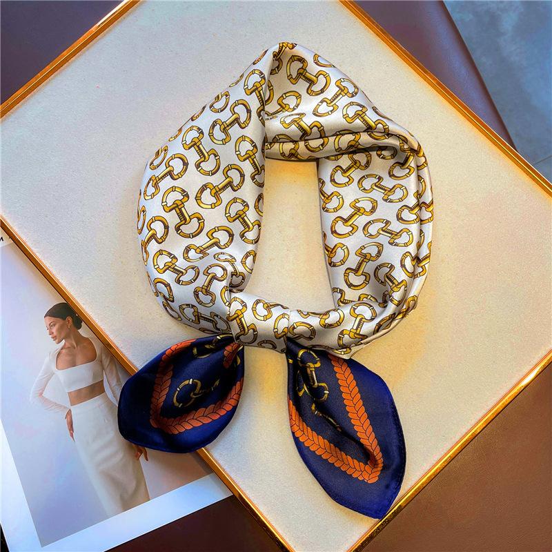 Light Luxury Fashion Chain Silk Scarf Women's Scarf Simulation Silk Small Square Scarf 71cm Autumn and Winter Scarf Tied Hair Decorative Bag