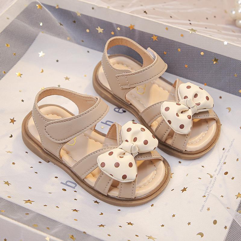 

Baby Sandals Polka Dots Bows Sweet for Girls Walking Shoes Non-slip Soft Sole 2025 Summer New Toddler Kids Beach Shoes Size15-25 15 хаки