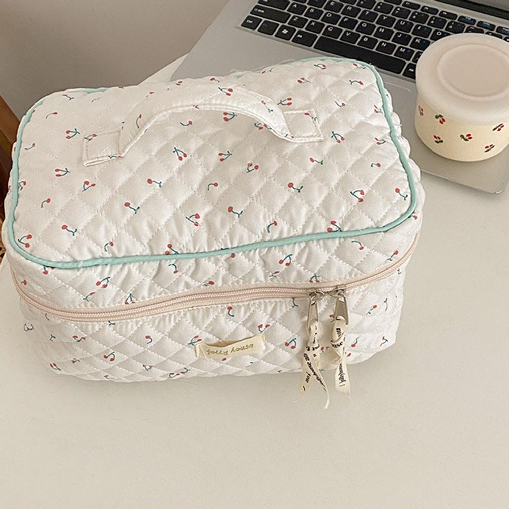 Korean Storage Organizer Printed Quilted Makeup Bag Flower Printed Cosmetic Pouch Large Travel Cosmetic Bag Makeup Accessory