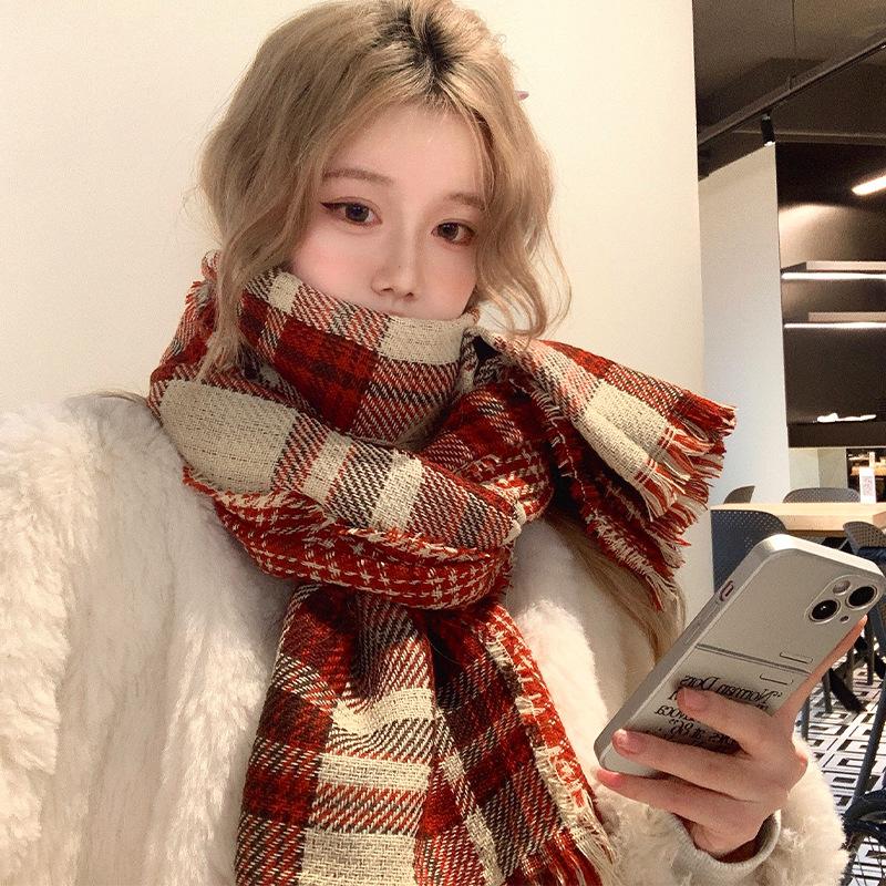 

Red plaid scarf winter women s new Christmas scarf imitation cashmere neck protector thickened to keep warm красный