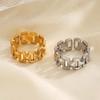 Stainless Steel Geometric Chain Open Rings for Women Men Fashion Gold Color Irregular Hollow Adjustable Finger Ring Zircon Gift