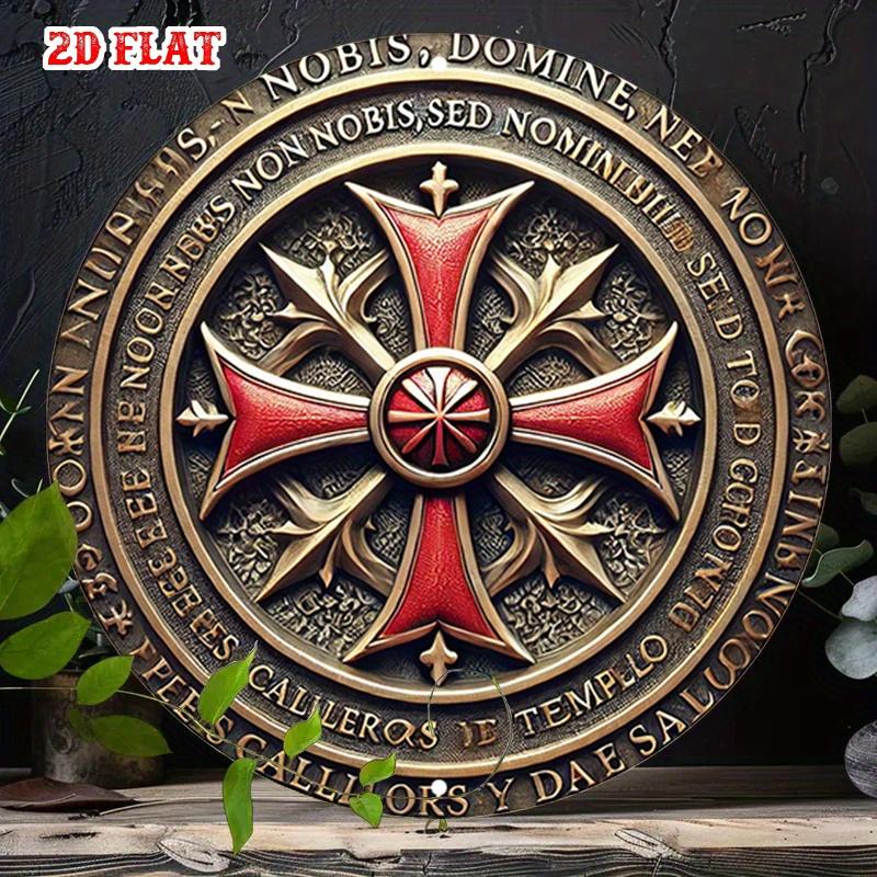 D Flat Knights Templar Cross Round Tin Sign Medieval Crusader Non Nobis Domine Latin Motto Art Metal Wall Decor for Home M 20x20cm(8x8inch)