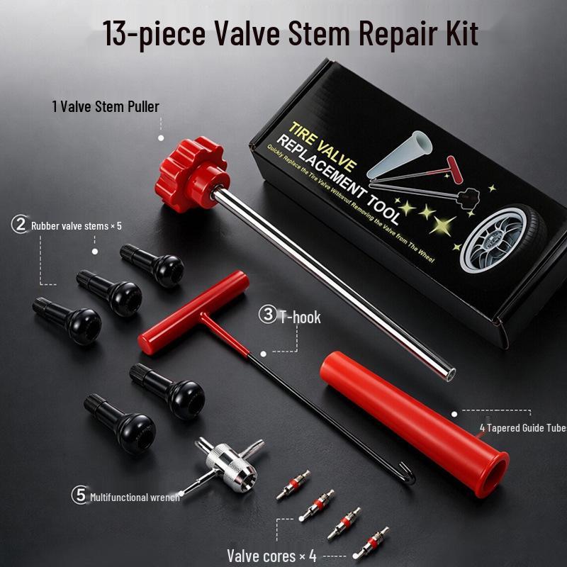 Tire Repair Tool Kit with Valve Core Installation and Tire Lever