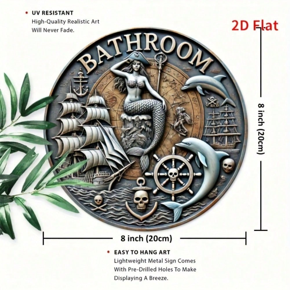 2D Flat Mermaid Pirate Sign, Vintage Aluminum Poster, Round Bathroom Wall Art, Outdoor Garden Hanging Plaque, Funny Room Decor