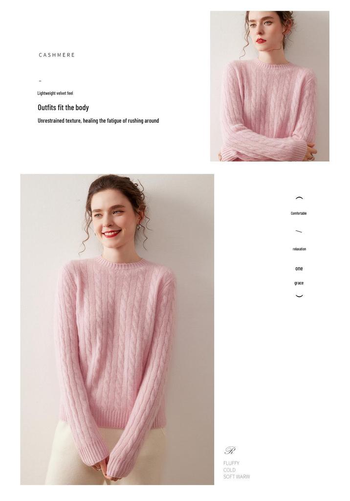 Women's Retro Cable Knit Cashmere Sweater - Autumn/Winter Slim Fit Round Neck Top