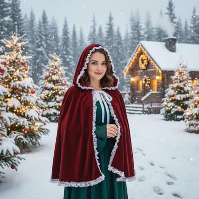 Breathable Velvets Cloak With Delicate Lace Edging Outerwear Unisex for Holiday Christmas Gatherings