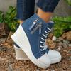 Fashion Women's Casual High Top Denim Sneakers Zipper Decor Wedge Heel Canvas Shoes Woman Fashion Lace Up Platform Ankle Boots Plus Size