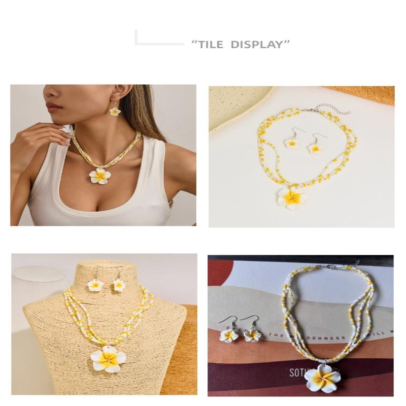 Polymer Clay Flowerwomen Jewelry Set Cute  Seaside Beach Colorful Flower Earrings Girls Sweet Beaded Chain Necklace Girl