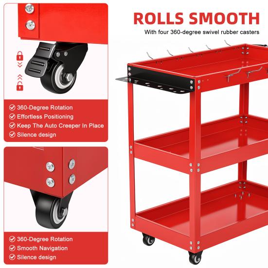 Three Tier Tool Cart 3-Tier Rolling Cart, Metal Heavy Duty Utility with Side Hooks, Mobile Organizer 4 Wheels, Handle, 330lbs Load Capacity