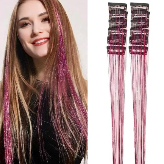 12 Stück Clip-in Metallic Extensions Tiefes Lila Glitzer Leicht 20 Zoll Lang Perücke Einfach Anzubringen Haarverlängerungen