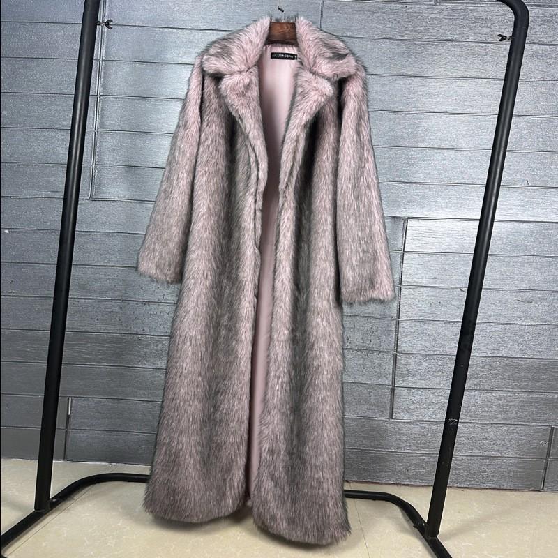 Womens Faux Fur Long Coat Street Style Polo Neck Winter Outerwear