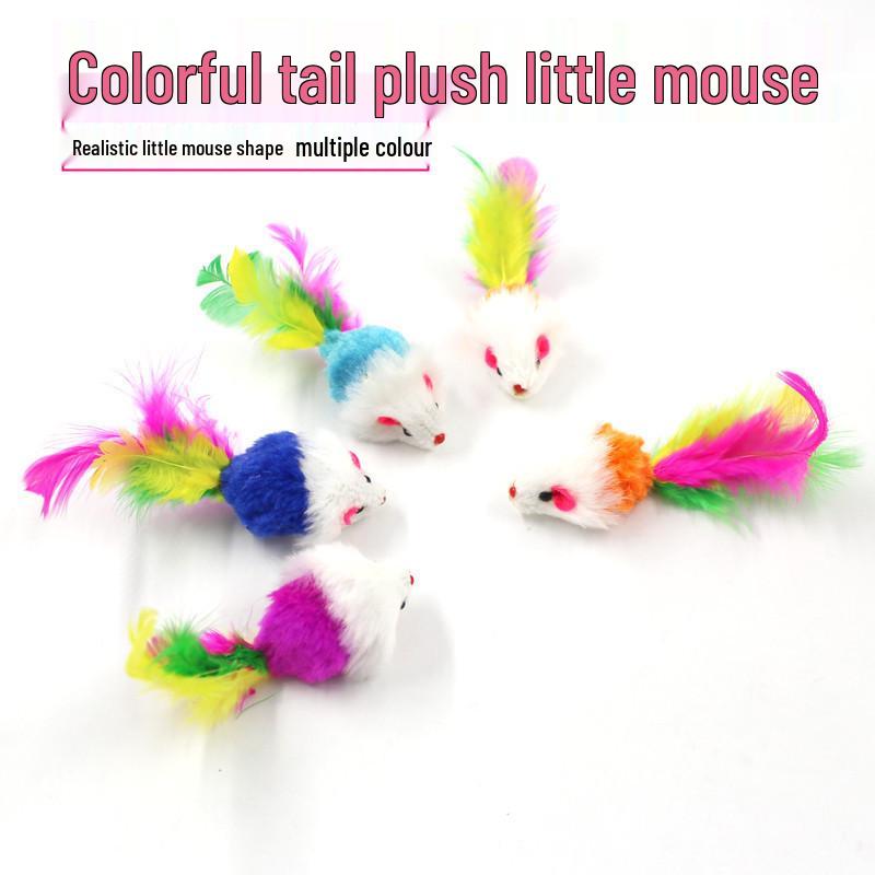 Plush Squeaky Mouse Cat Toy with Seven-Colored Feathers