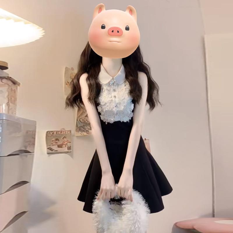 

Rich family daughter senior sense black sleeveless vest dress summer lace design sense waist a word fluffy skirt S чёрный